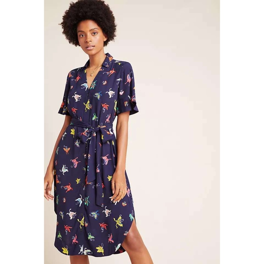 Maeve by Anthropologie Flutterby Shirt Dress M Butterfly Belted Navy Whimsical